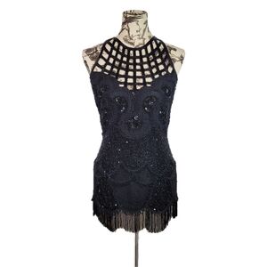 Vintage Riazee Boutique Size 4 100% Silk Black Fringe Beaded Evening Mini Dress